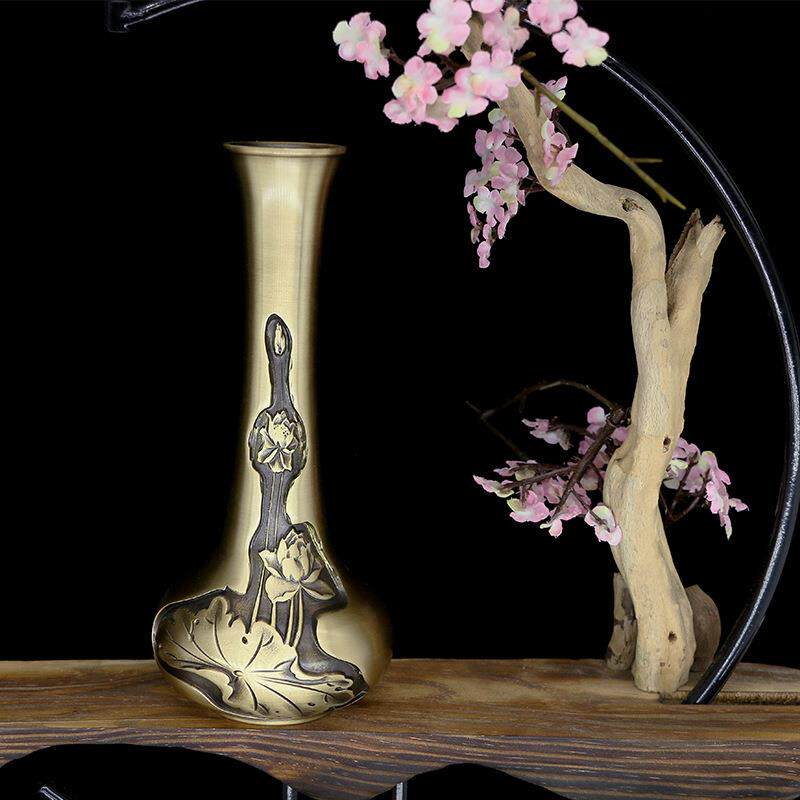 博喜 全铜摆件莲叶荷花长颈瓶铜制花瓶摆件工艺品家居办公