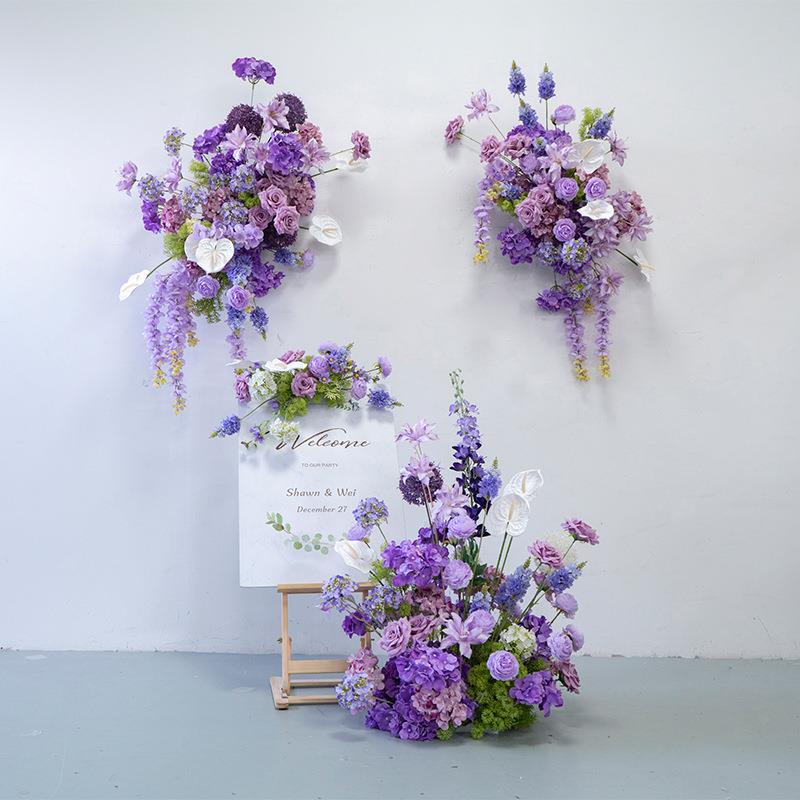 梵砂婚礼装饰紫色壁挂花艺 板墙面摄影背景布置仿真绢花挂花地