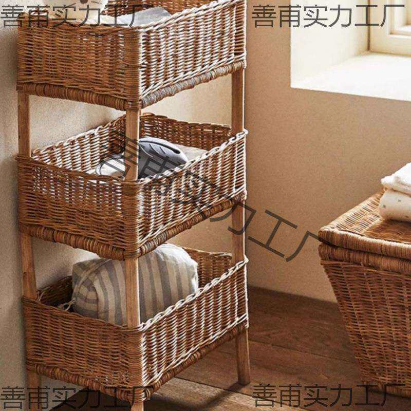 置物架落地多层田园风可水洗收纳架天然整理藤编三层实木收纳筐