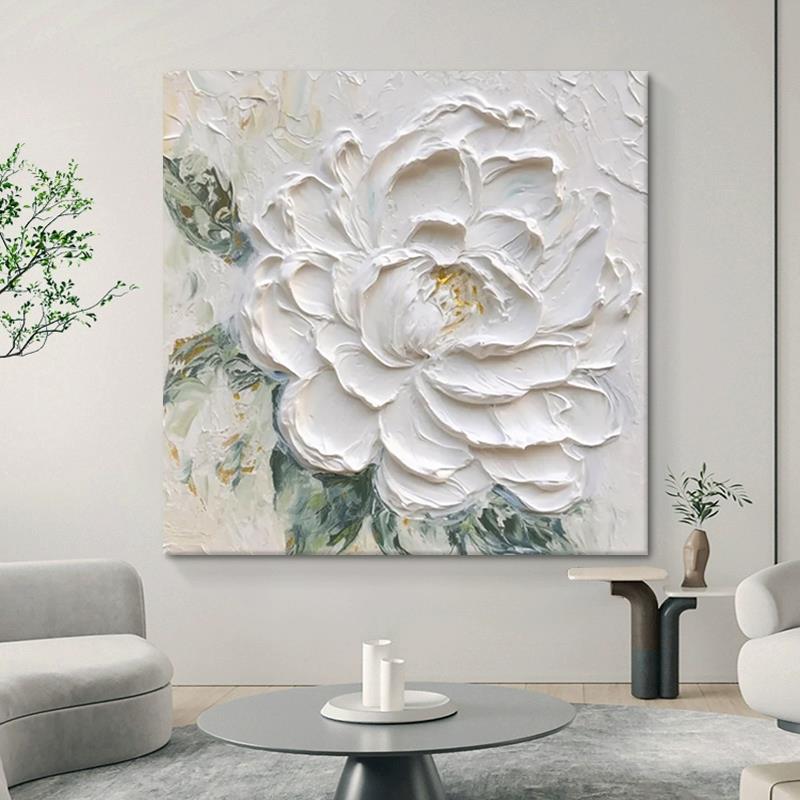 奶油风白牡丹花卉厚肌理手绘油画客厅花开富贵装饰画玄关方形挂画