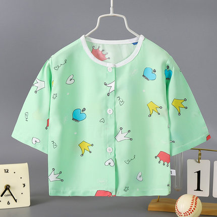 绵绸对襟上衣休闲服睡衣夏季儿童棉绸空调服男童女宝宝薄款七分袖