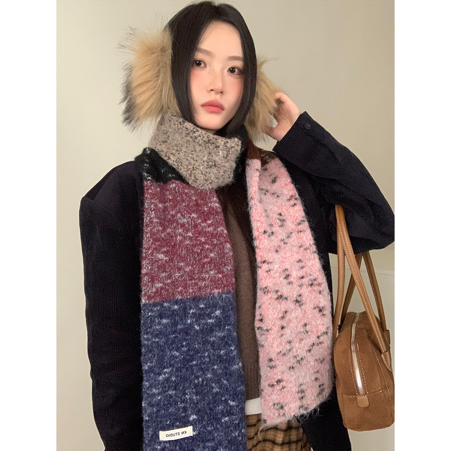 韩版拼色时髦毛线围巾女新款秋冬季保暖高级感百搭软糯加长围脖