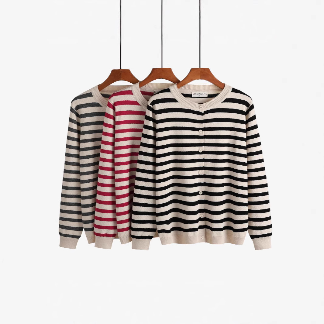 欧美大码胖mm慵懒风条纹长袖针织衫女春秋新款毛衣宽松小开衫外套