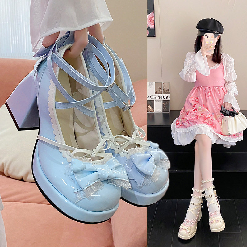 高跟鞋lolita粗跟厚底防水台蓝色日系软妹甜美可爱蝴蝶结鞋子女