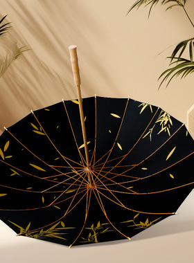 复古竹叶图16骨木柄长杆伞高颜值精致古风家居日用装饰礼物