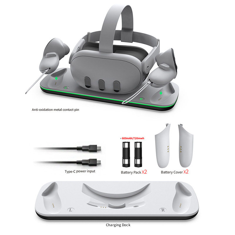 Meta Quest 3 VR 头盔充电底座手柄触点式座充带LED灯条 智能配件