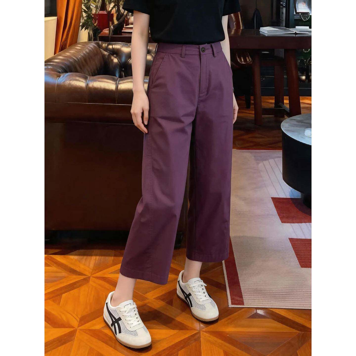 韩版时尚简约高腰显瘦宽松休闲紫色阔腿裤女小个子九分裤26夏新款