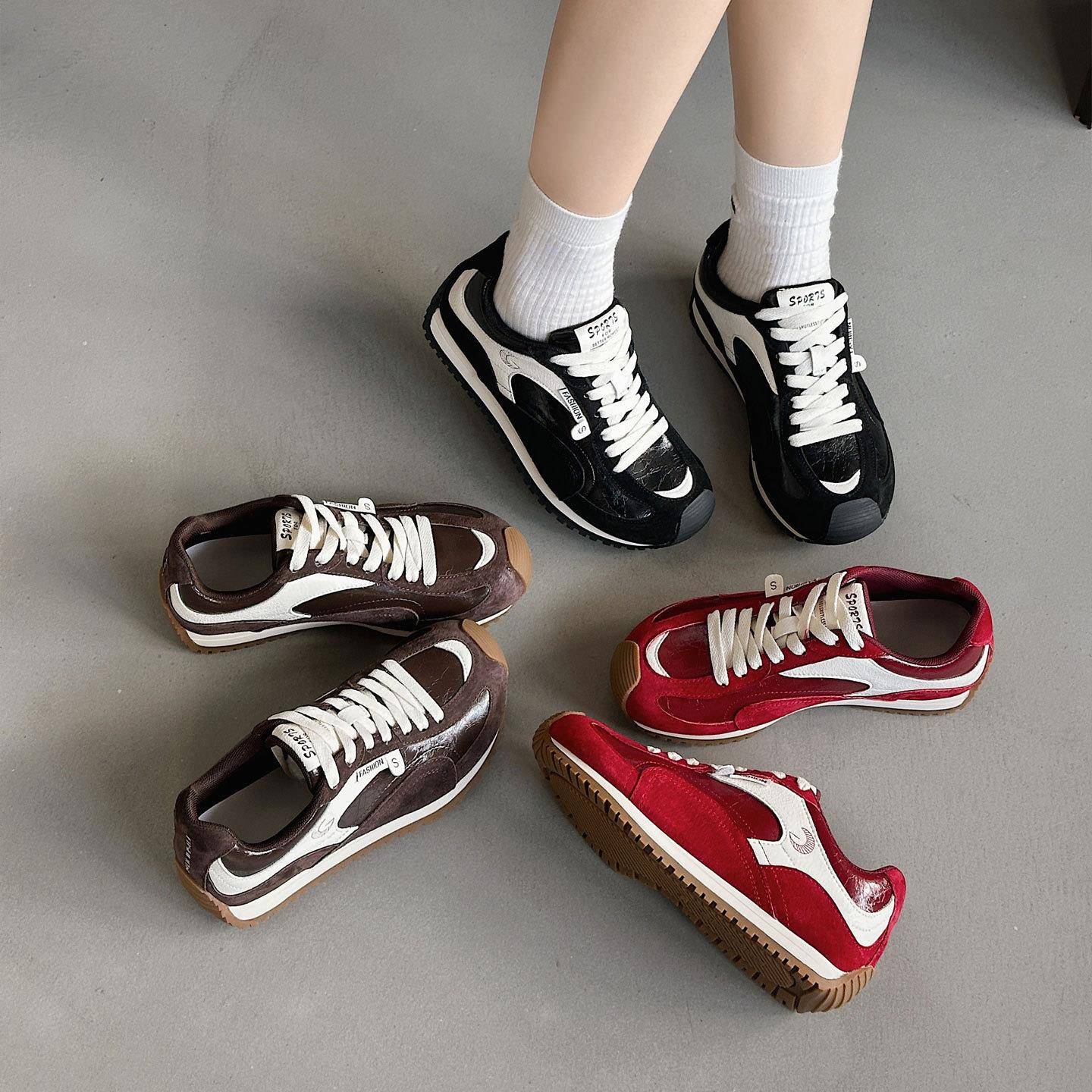 港风真皮透气网面厚底运动鞋女2025秋冬新款百搭显脚小休闲德训鞋