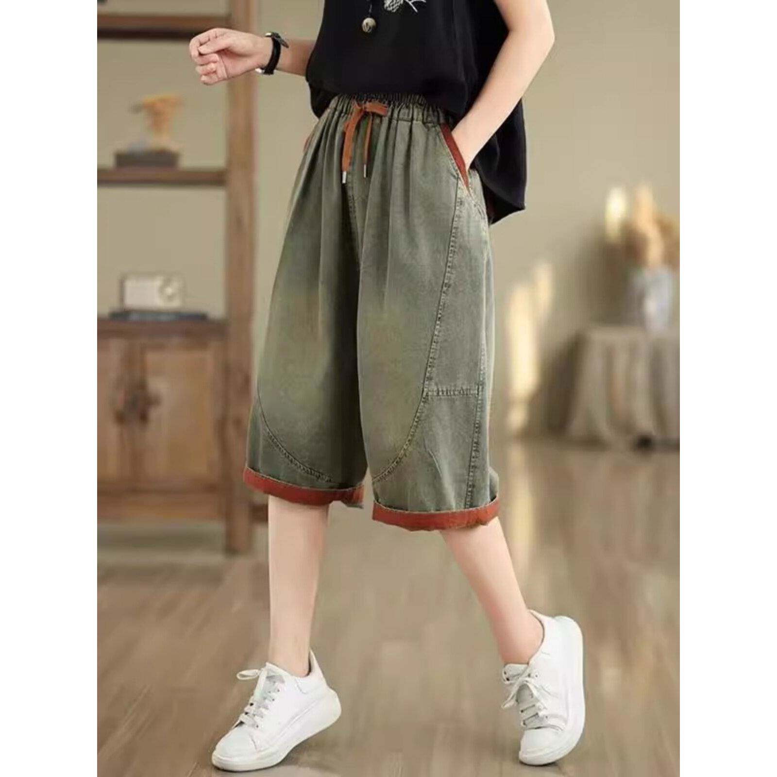 Spyb三分之一牛仔裤女子早秋薄宽松休闲裤高腰后宫中长裤
