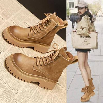 香港真皮加绒马丁靴女2025秋冬新款英伦风短靴子厚底内增高机车靴