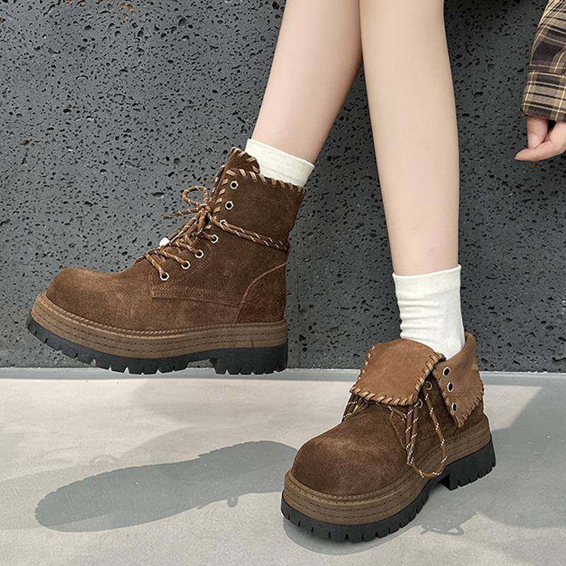 两穿翻领内增高女靴秋冬2025新款头层牛皮马丁靴英伦厚底时尚短靴