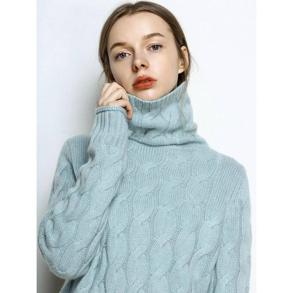 欧美高品质秋冬山羊绒衫女高领绞花加厚短款毛衣宽松慵懒针织打底