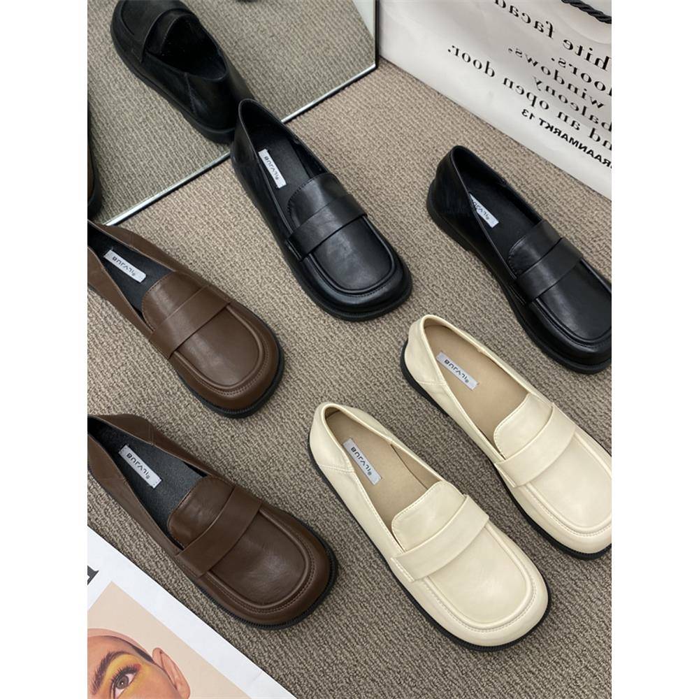 香港港风方头平底小皮鞋女春季2025新款英伦风百搭懒人覆古乐福鞋