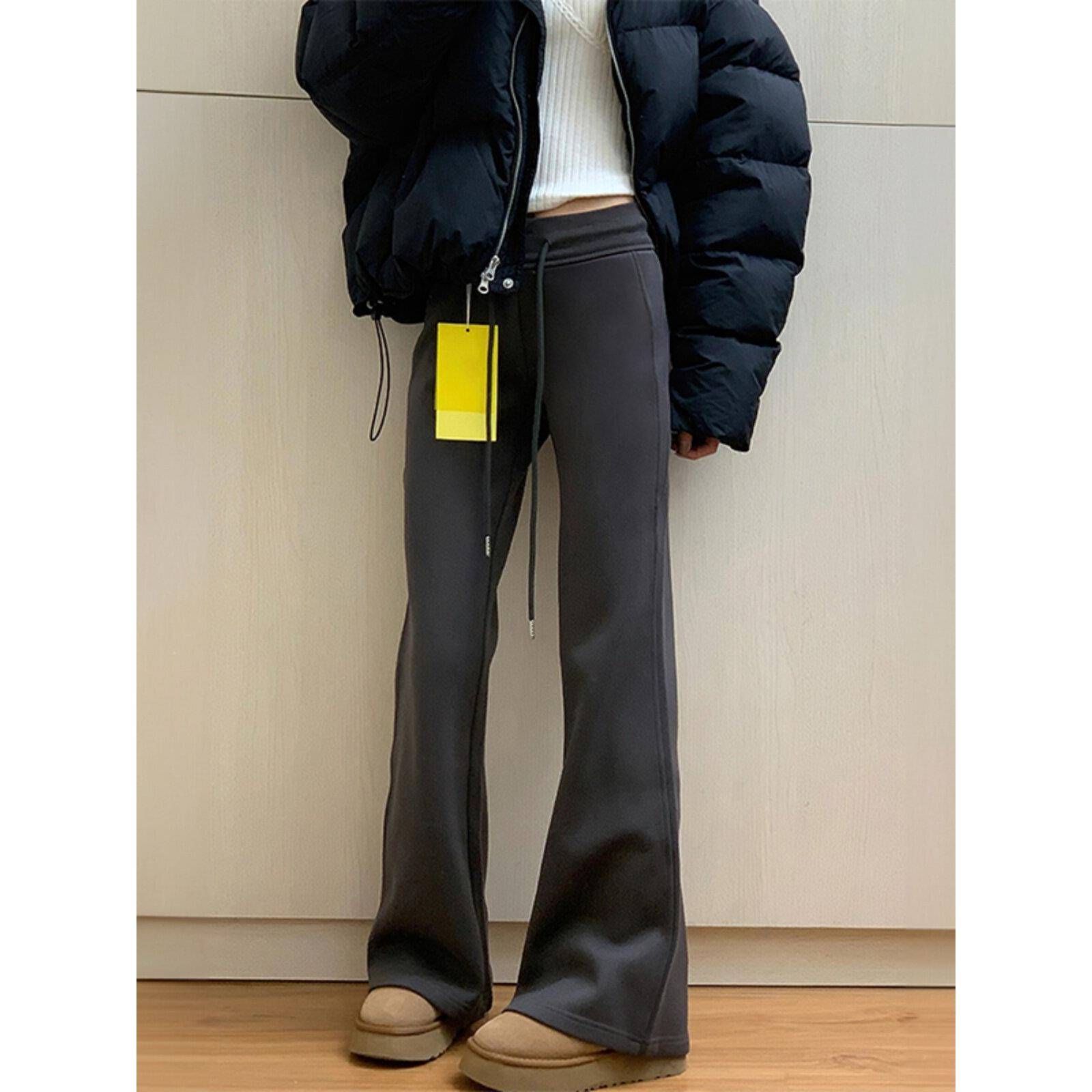 韩国深灰色微喇休闲裤女2025春秋新款胖妹妹mm高腰弹力运动卫裤潮