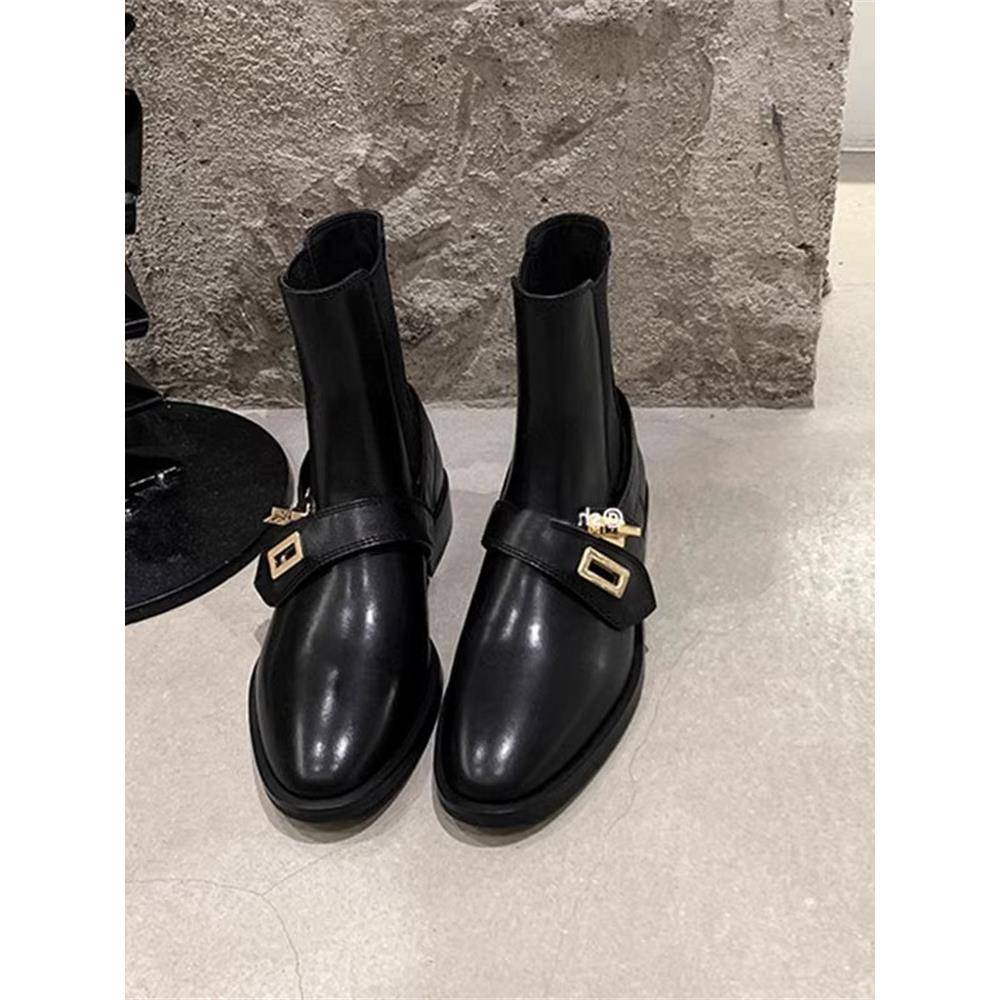 香港马丁靴女2025秋季新款圆头金锁扣粗跟短筒切尔西靴女弹力短靴