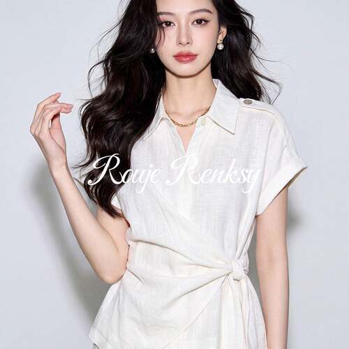 法国Rouje Renksy法式白色绑带收腰短袖衬衫女夏设计感显瘦上衣
