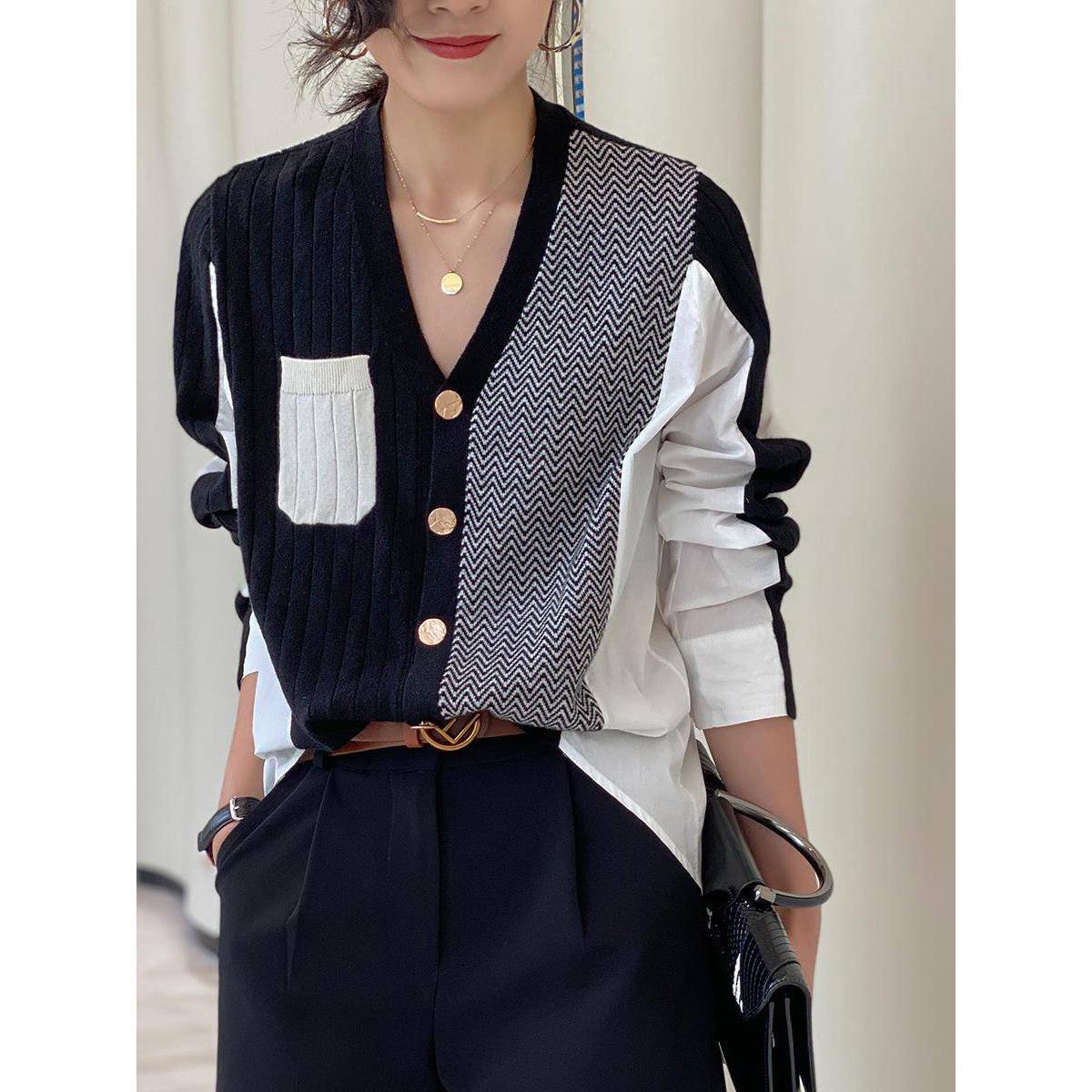 欧洲站针织开襟女装2025春秋季新款宽松设计小众针织v领衬衫