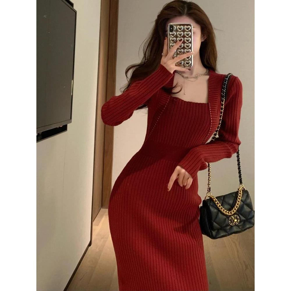 FAshi 2025年新款秋冬装气质高级感女装红色针织连衣裙子修身显瘦