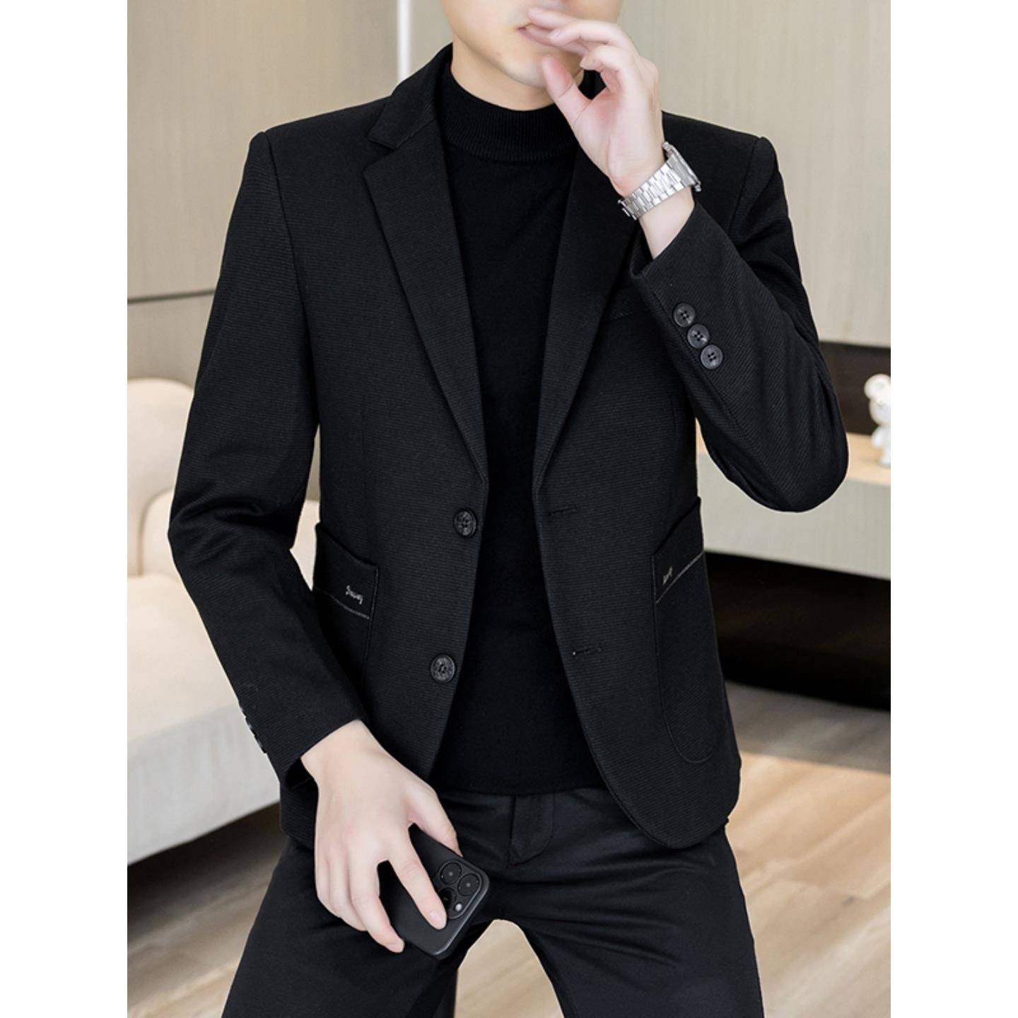 黑色休闲西装外套男秋冬季新款西服男士商务两粒扣修身潮流小西装