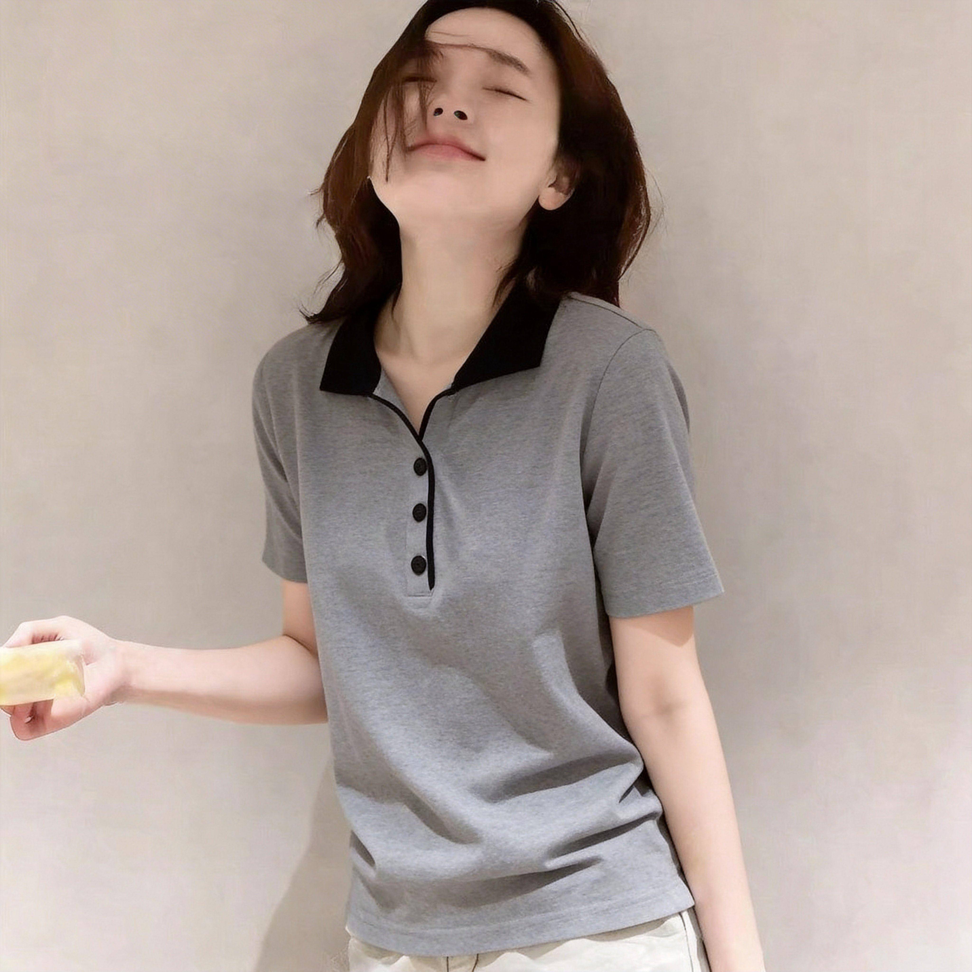 韩国减龄超好看条纹冰丝短袖polo衫女夏新款修身显瘦百搭上衣T恤