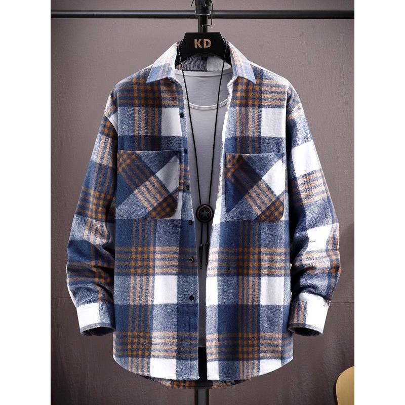 潮牌格子长袖衬衫男新款宽松休闲百搭翻领衬衣秋季覆古风男士外套