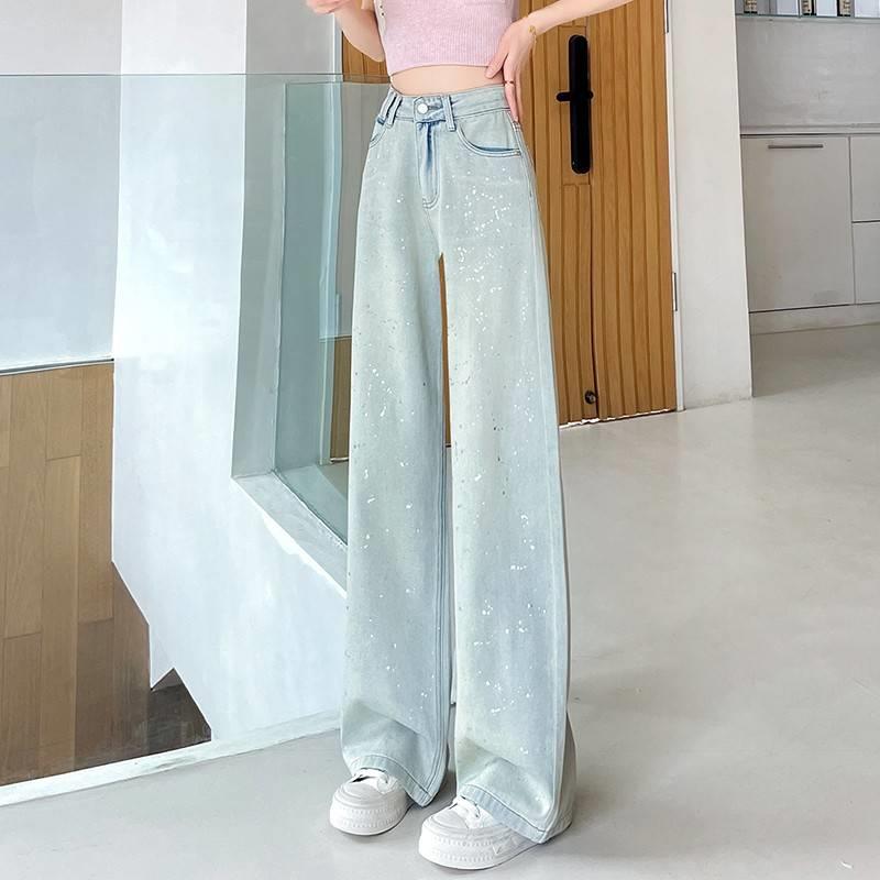 潮牌洒金阔腿裤女春秋季新款宽松梨型身材重工亮片牛仔直筒拖地裤