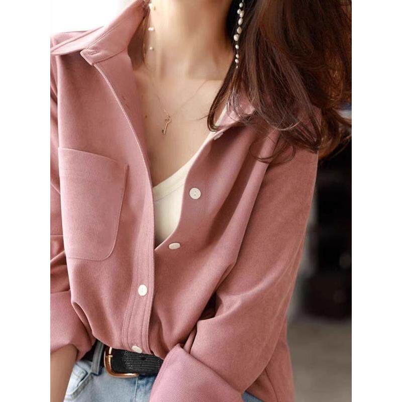 香港TIMO粉色磨毛衬衫女春秋新款法式上衣内搭叠穿打底衬衣外套