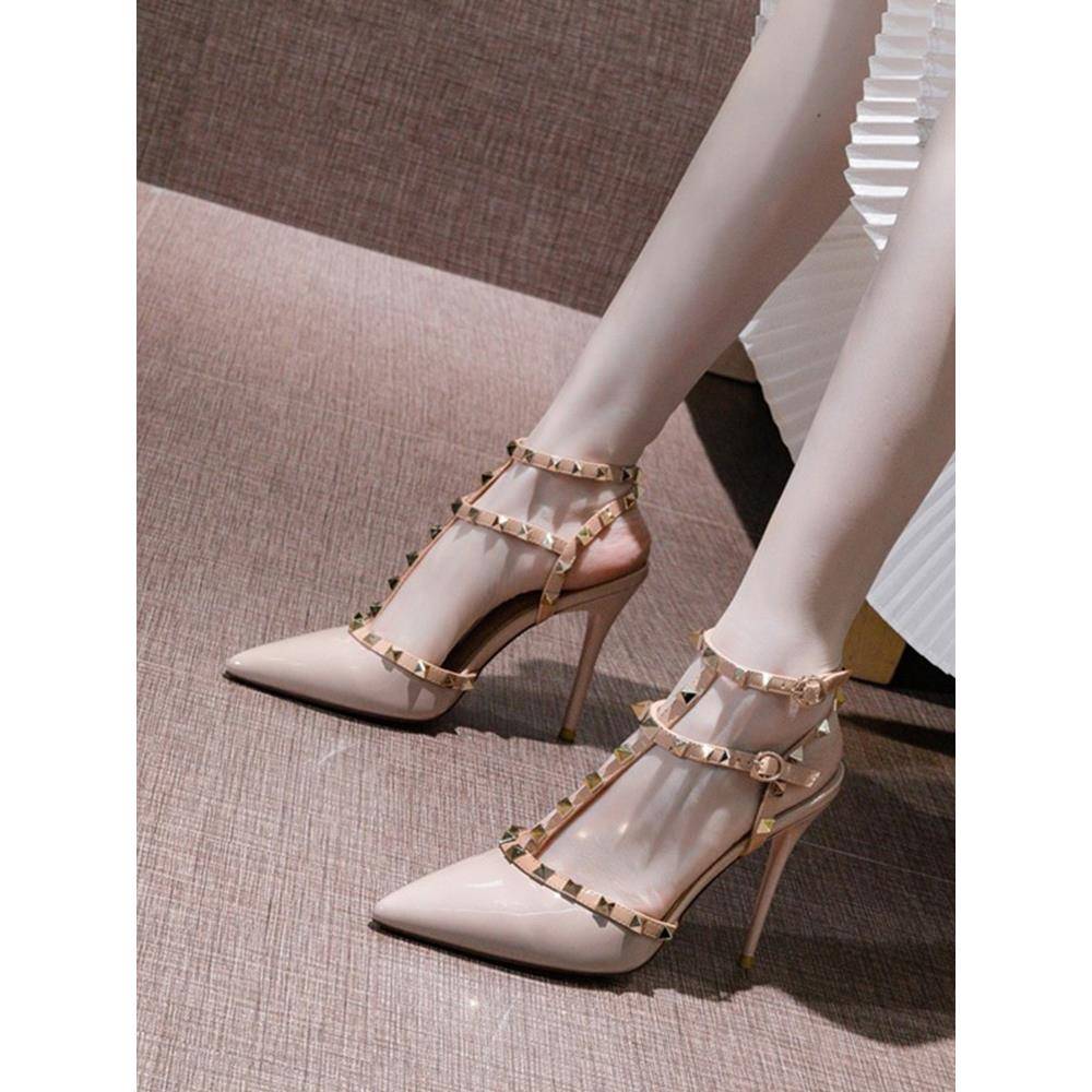 吸引你的是款式，惊艳你的是品质~铆钉裸色高跟鞋女细跟凉鞋性感