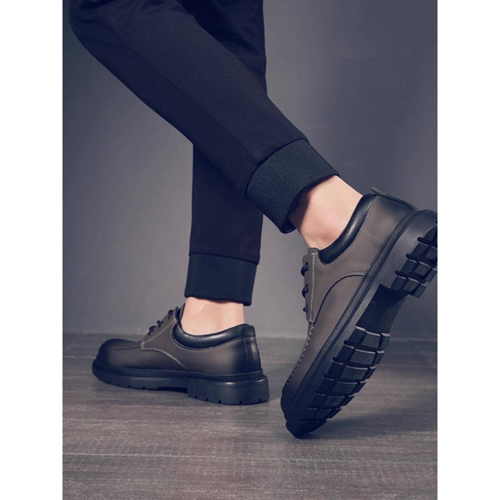 潮牌工装鞋男低帮秋冬新款厚底耐磨马丁靴男墨绿色休闲大头真皮鞋