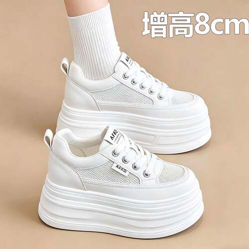 香港2026新款厚底内增高8cm小白鞋网面透气松糕休闲鞋小个子板鞋