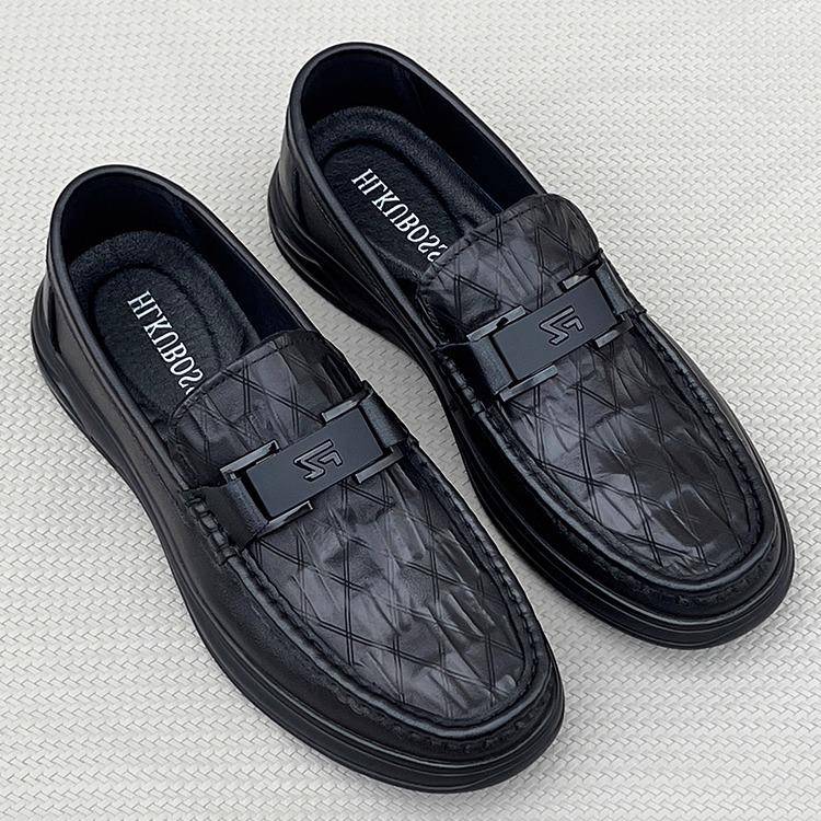 潮牌2025秋季休闲皮鞋男款菱形软底皮革豆豆鞋子男生鞋透气乐福鞋