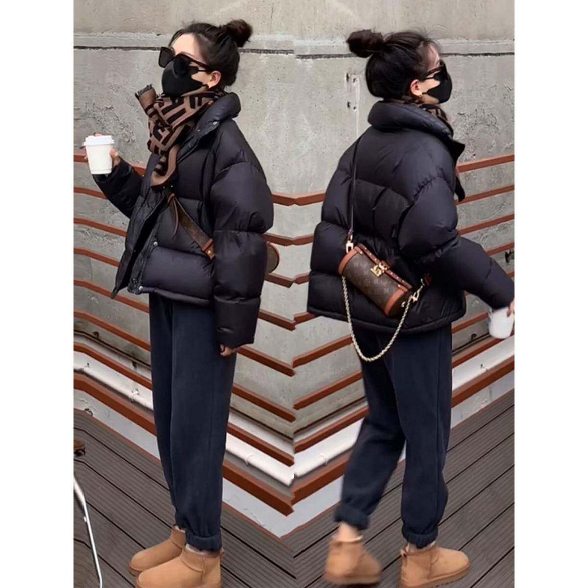今年流行羽绒服女2025年春秋黑色短款宽松小个子白鸭绒面包服外套