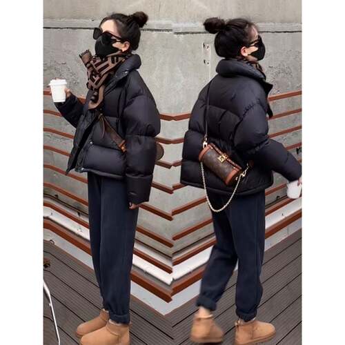 今年流行羽绒服女2025年春秋黑色短款宽松小个子白鸭绒面包服外套