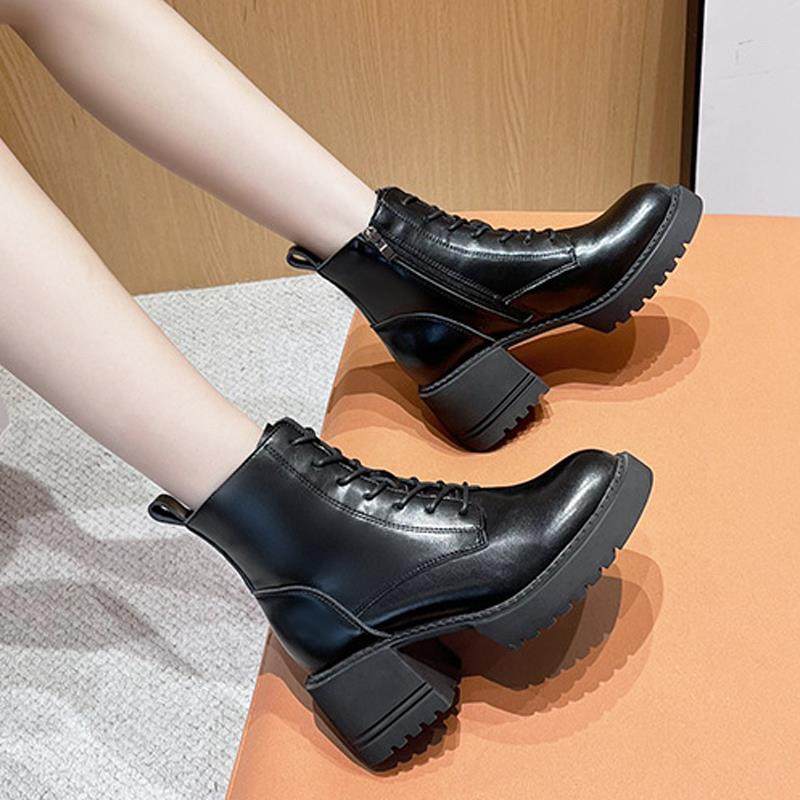 粗跟真皮马丁靴女2025秋冬款增高系带小个子女靴英伦覆古时尚短靴