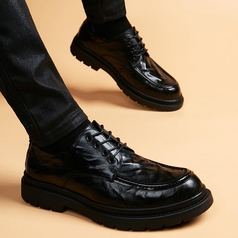 高端皮鞋男真皮羊皮英伦软皮手抓纹休闲男鞋厚底增高圆头新郎鞋子