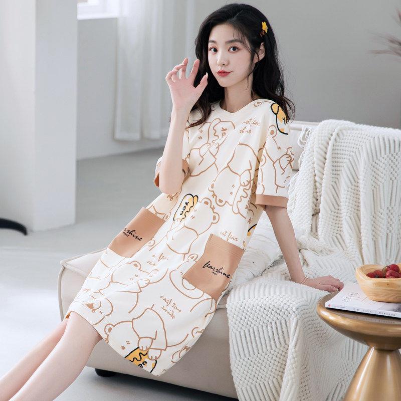 中长版纯棉睡裙女2026年夏季新款短袖睡衣卡通套头休闲夏天家居服