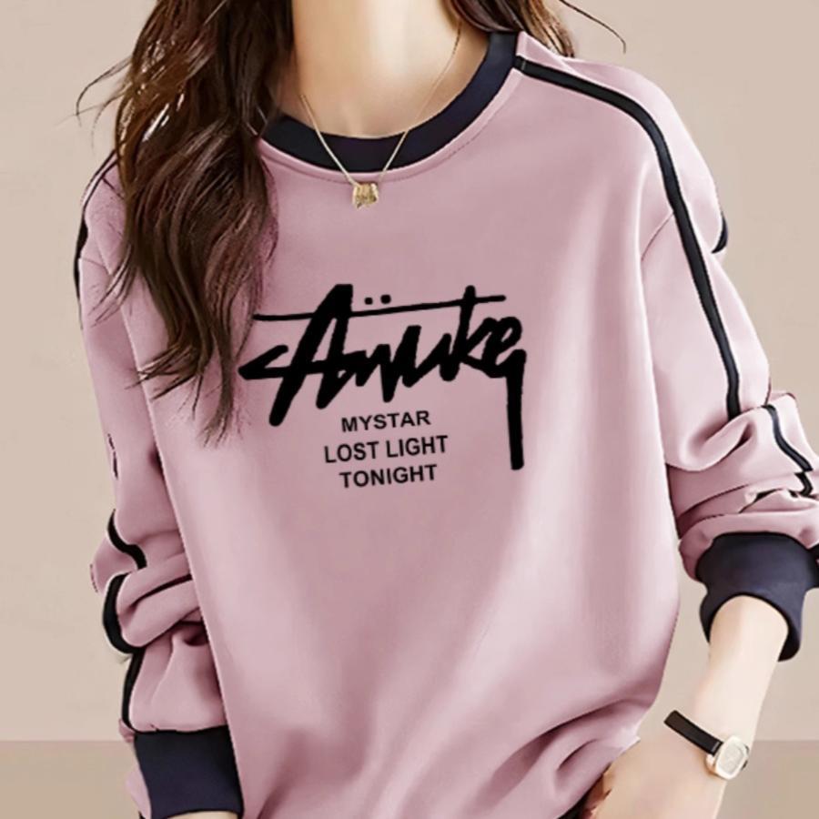 香港TIMO时尚加绒长袖拼色圆领卫衣女春宽松时尚百搭休闲印花上衣