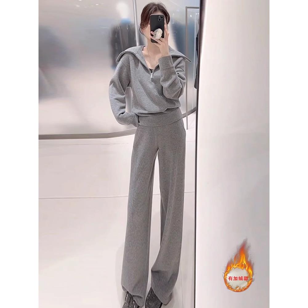 欧洲站灰色休闲运动女装2025春秋冬新时尚大翻领羊毛衬里两件套