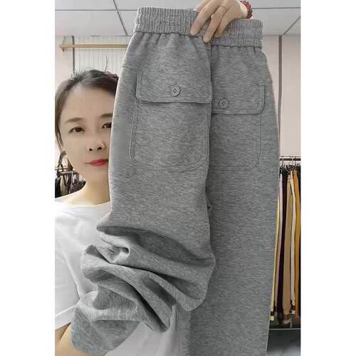 潮牌加绒加厚直筒卫裤女2025秋冬季宽松小脚哈伦裤高腰休闲运动裤