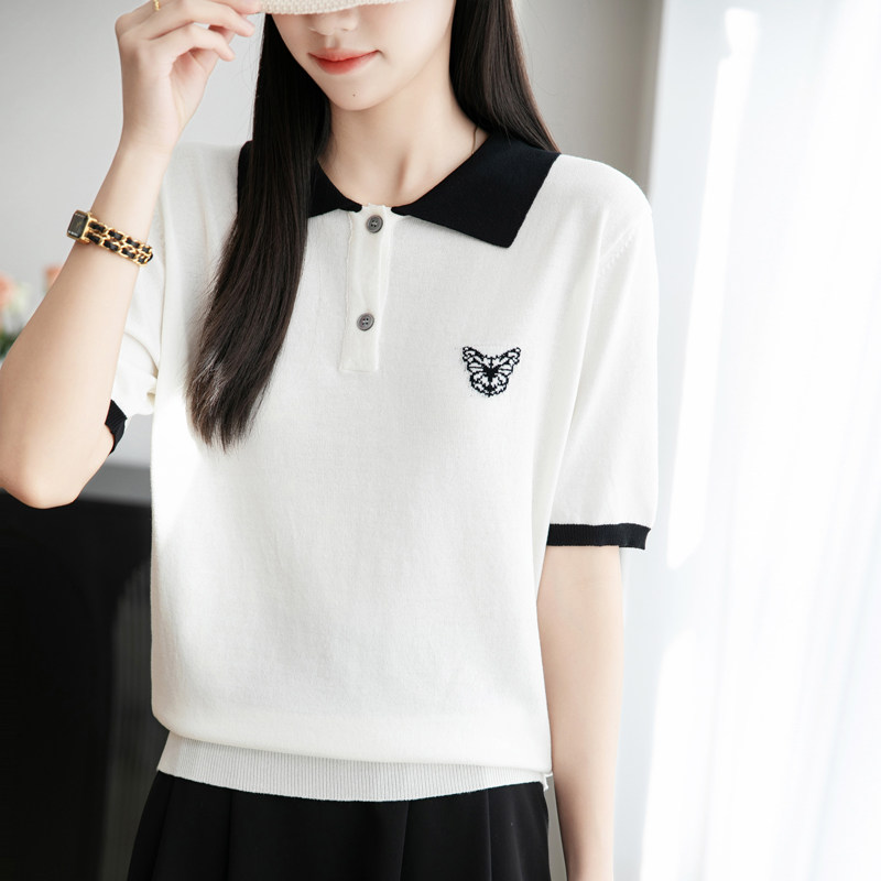 26夏季冰丝POLO领针织短袖女宽松刺绣套头T恤衫薄款百搭减龄上衣
