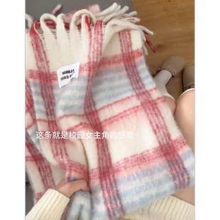 学院画廊红白格纹显白高级感校服围巾女生冬季保暖流苏加厚款围脖