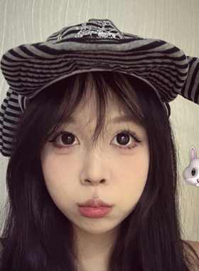 y3k萌酷兔兔耳朵条纹棒球帽女生春秋设计款可爱兔子亚比贝雷帽子