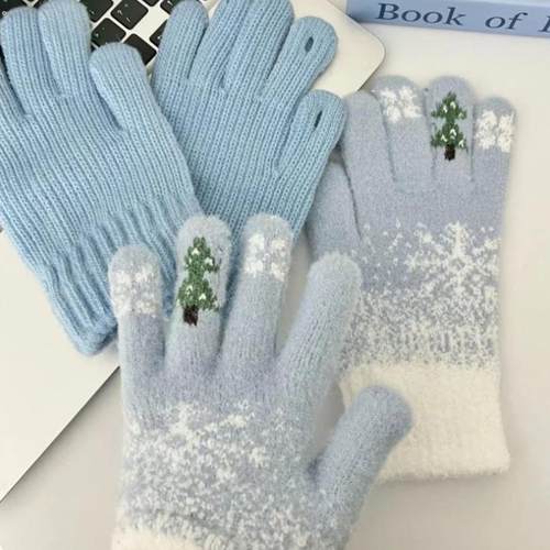 软软奶蓝雪花毛绒手套初雪圣诞树