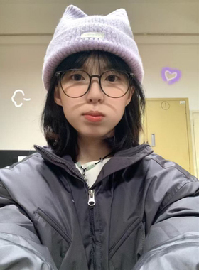 早八大学生淡雅紫色小猫毛线帽子