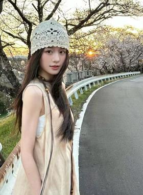 新中式甜美手工钩针织钩花帽子薄款夏季四季百搭透气镂空头饰海风