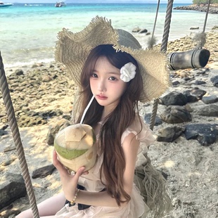 海边度假蕾丝飘带毛边草帽女夏季大帽檐编织帽防晒仿拉菲草遮阳帽