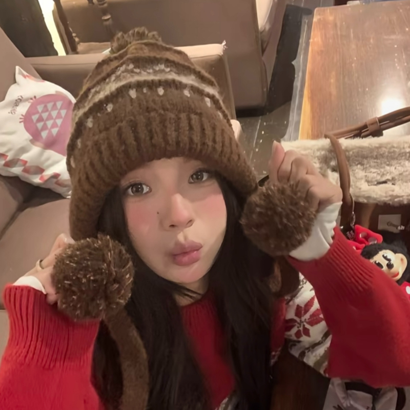 高端定制款！费尔岛风绑带绒球针织帽女冬季显脸小保暖护耳雷锋帽