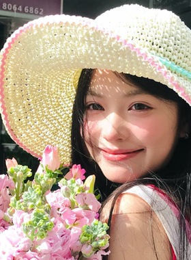 春天手捧花~郁金粉绿大帽檐草帽