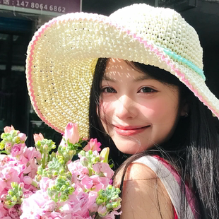 春天手捧花~田园风粉绿大帽檐草帽女夏甜美百草编遮阳帽渔夫帽子