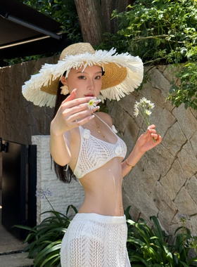 超大帽檐！毛边平顶麦秆草帽女夏季旅游度假遮阳防晒百搭太阳帽子